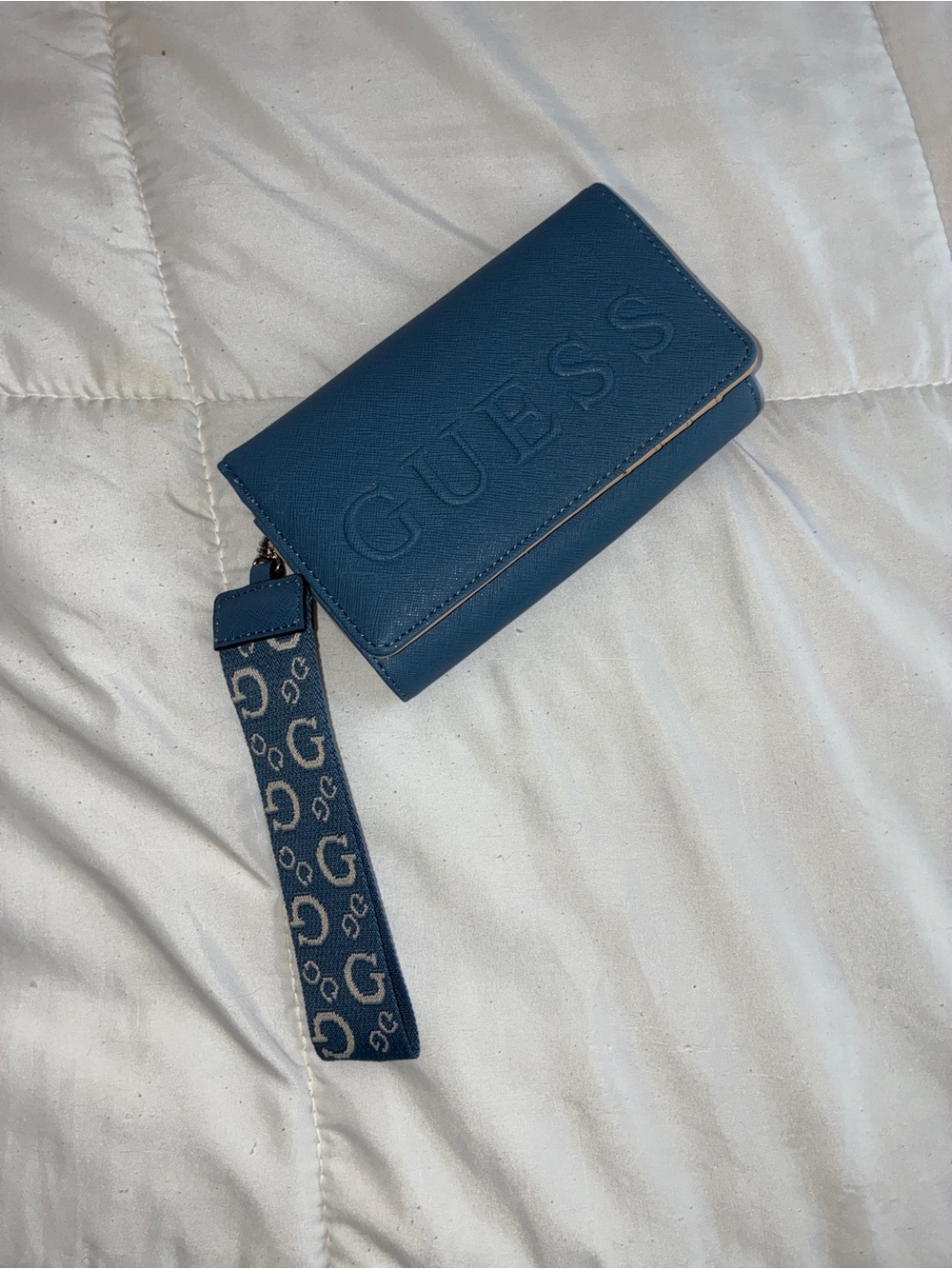 Guess Navy Blue Embossed Wristlet Wallet with Monogram Strap